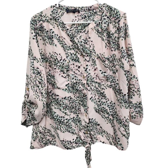 Adrienne Vittadini Womens Cottagecore BOHO Top XL Pink Floral Tie Hem 3/4 Sleeve - Picture 1 of 8